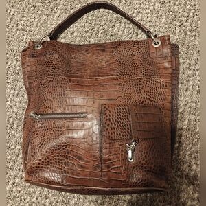 Prüne Brown Leather Shopper Large Croc Embossed New